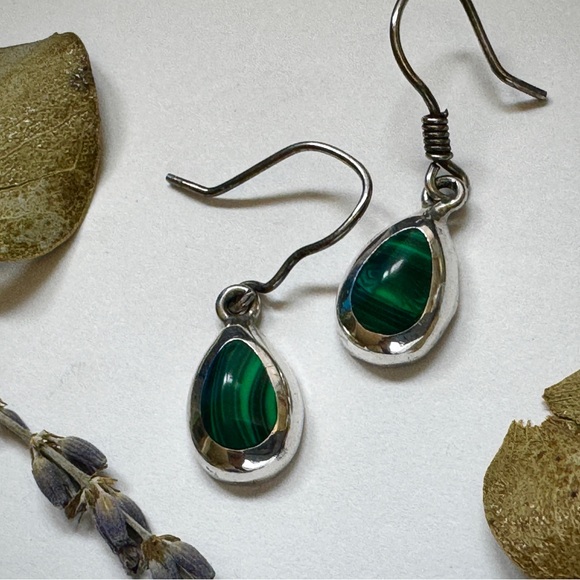 Sterling Silver Malachite Dangle Drop Earrings - Picture 2 of 9